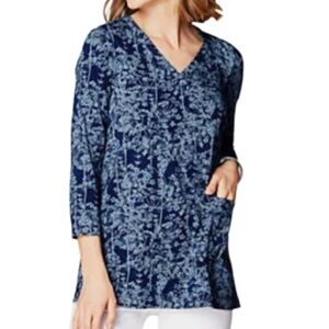 J.Jill PureJill Indigo Blue Printed Top V Neck Pocket